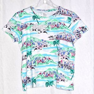 Kim Rogers Colorful Mediterranean Print Round Neck Cap Sleeve Tee Shirt Blouse